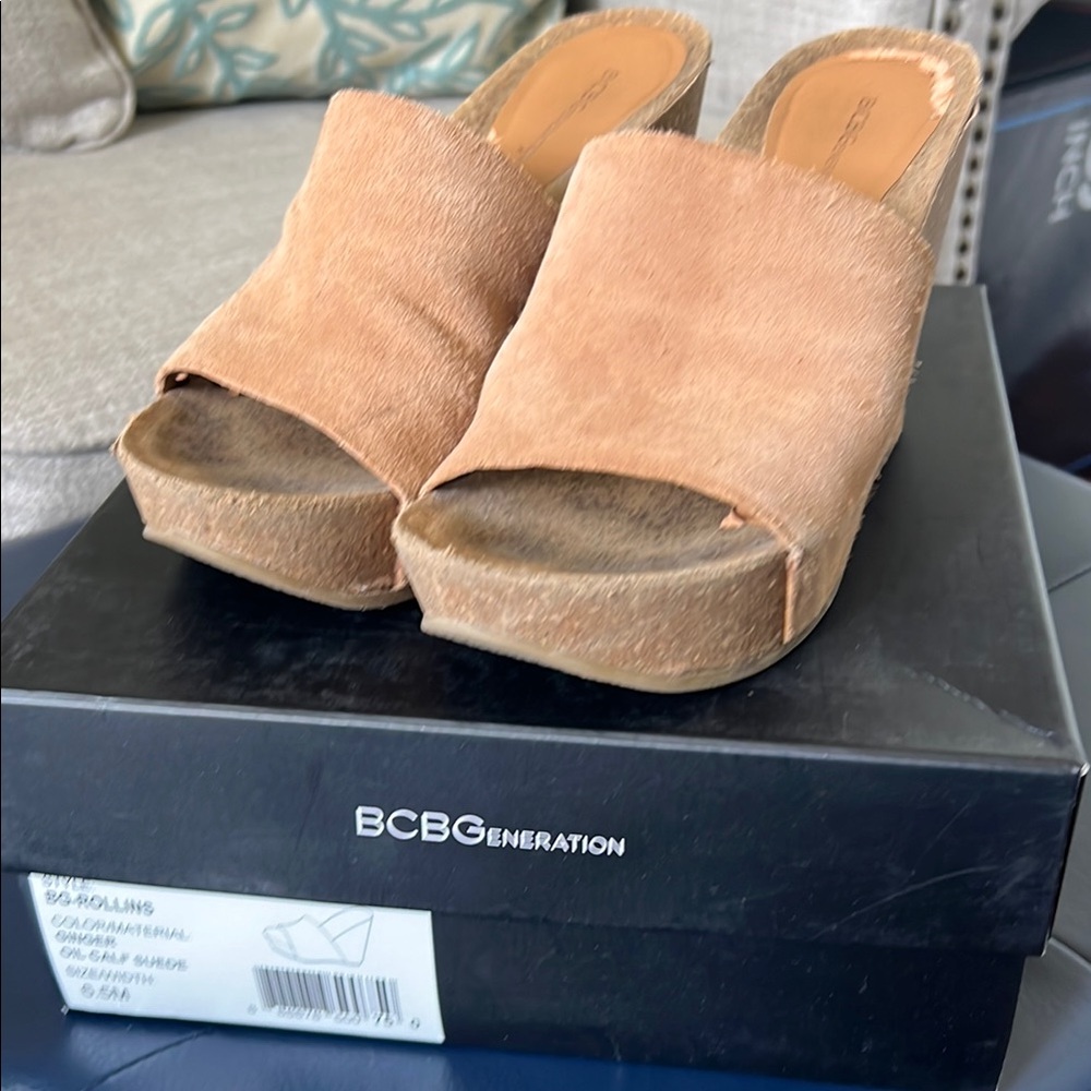 BCBGeneration Tan Suede Platform Mules